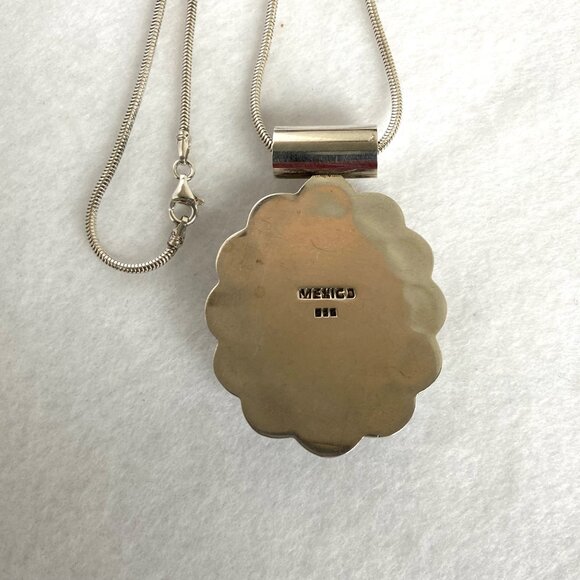 Sterling Silver 925 Mexico Large Oval Faux Turquoise Floral Pendant Necklace - Picture 7 of 16